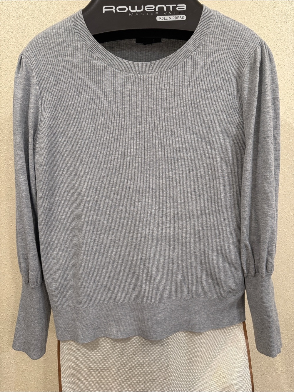 Halogen Gray Ribbed Long Sleeve Top with Subtle Puff Shoulders
